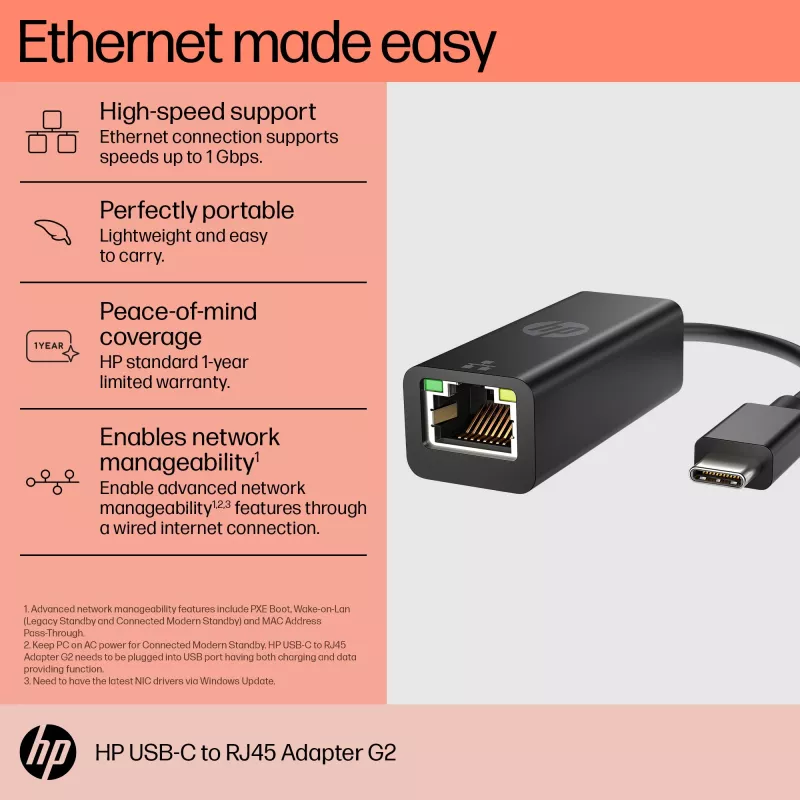 HP Adaptador USB-C a RJ45 G2, con cable, USB Type-C, Negro, China, Hogar, Windows 10, Windows 11