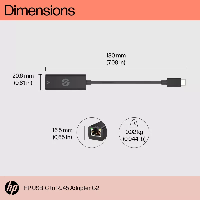 HP Adaptador USB-C a RJ45 G2, con cable, USB Type-C, Negro, China, Hogar, Windows 10, Windows 11