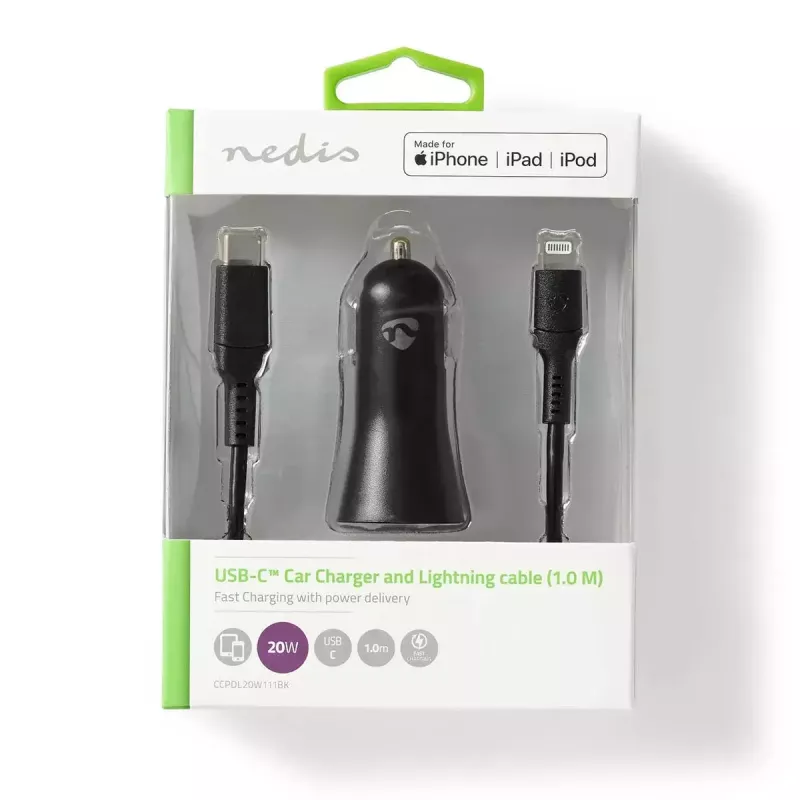 Nedis CCPDL20W111BK cargador de coche 20W, 1x USB-C, cable Lightning de 8 pines, negro