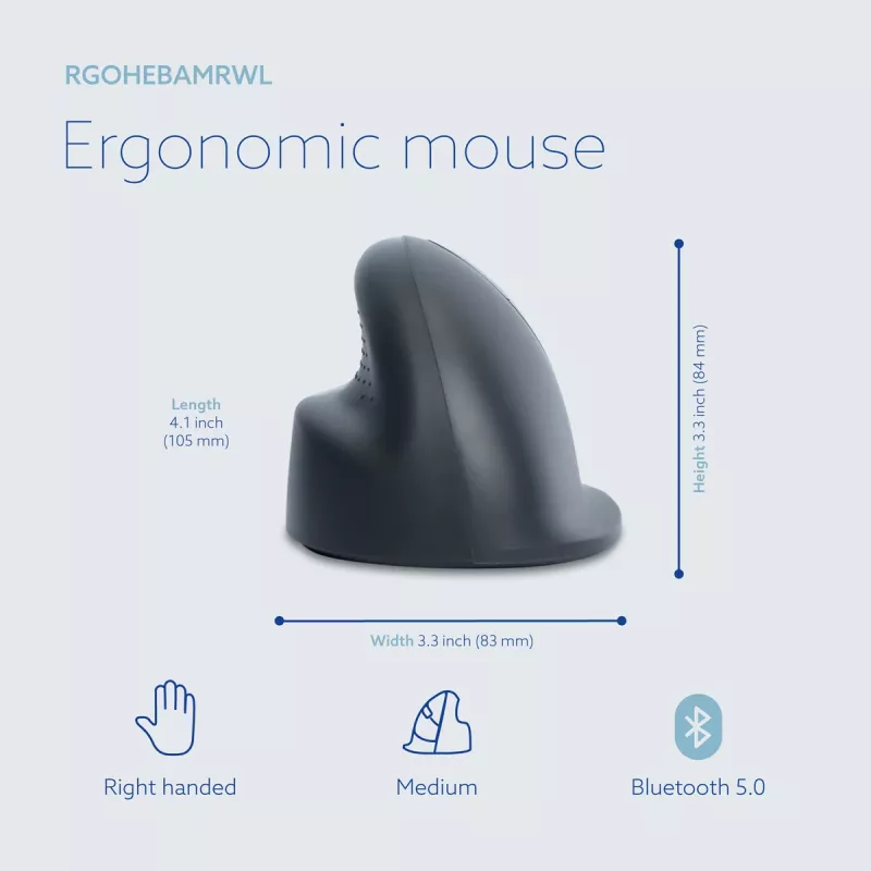 R-Go Tools ratón vertical R-Go HE Basic, ratón ergonómico, mediano (tamaño de mano ≥ 185 mm), para diestros, Bluetooth, gris