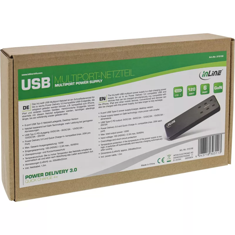 Fuente de alimentación multipuerto InLine, cargador, 6x USB-C, PD 3.0, GaN, negra