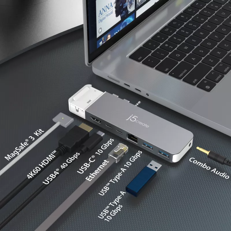 Hub USB j5create JCD395 4K60 Elite Pro con cable USB4 con kit MagSafe