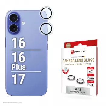 Displex Premium cristal de lente de cámara, iPhone 16/16 Plus/17 cristal, 10H, Single Rings, DLC, transparente, Quick Mount