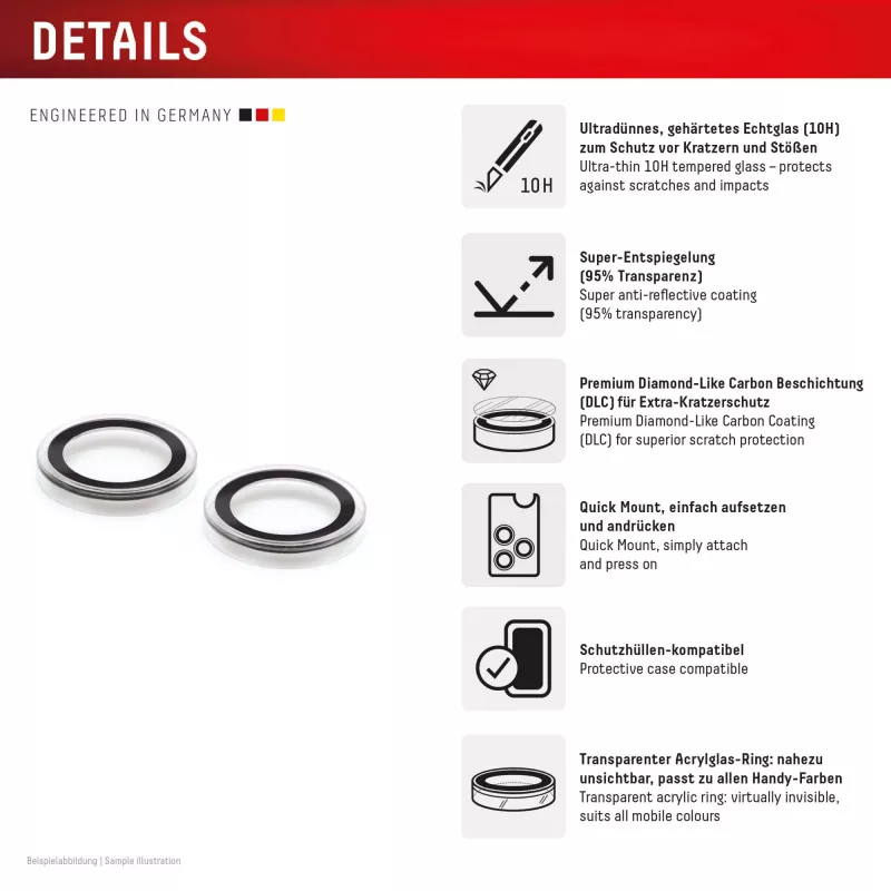 Displex Premium cristal de lente de cámara, iPhone 16/16 Plus/17 cristal, 10H, Single Rings, DLC, transparente, Quick Mount