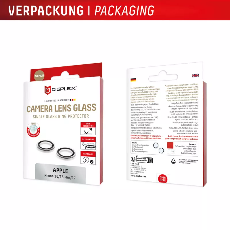 Displex Premium cristal de lente de cámara, iPhone 16/16 Plus/17 cristal, 10H, Single Rings, DLC, transparente, Quick Mount