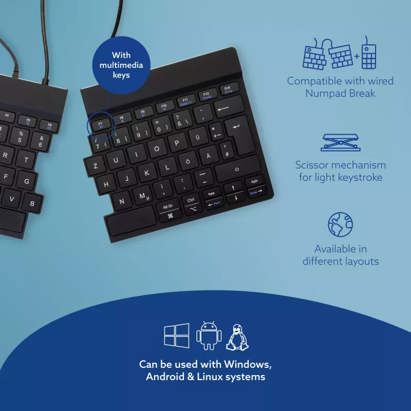 R-Go Tools Teclado Ergonómico R-Go Split Break v2 con software break, teclado ergonómico split, QWERTZ (DE), con cable, negro