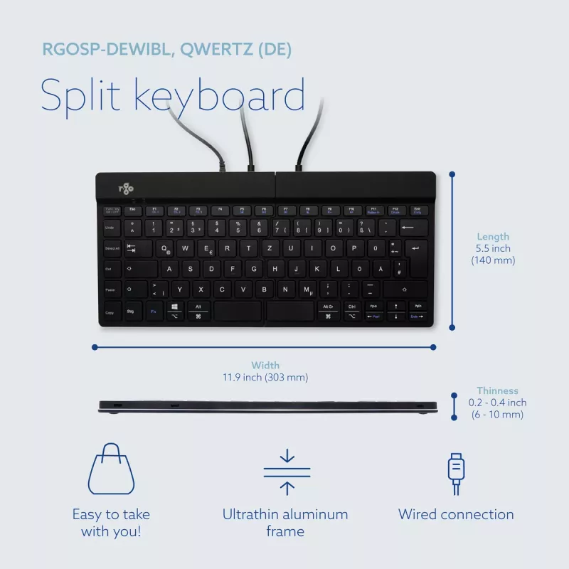 R-Go Tools Teclado Ergonómico R-Go Split Break v2 con software break, teclado ergonómico split, QWERTZ (DE), con cable, negro