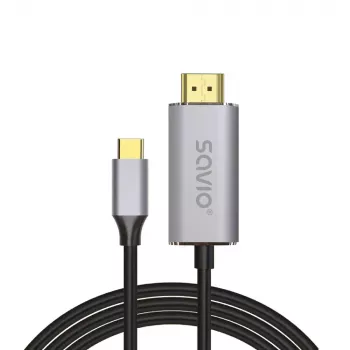 Cable USB-C a HDMI 2.0b SAVIO CL-171 — 2 m, conector macho USB-C a conector macho HDMI Type-A, 4K 4096×2160, cable plateado con terminales negros y dorados