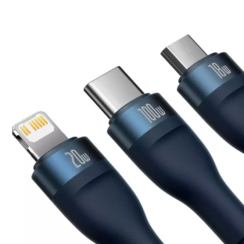 Baseus Flash Series 2 cable USB 3 en 1, USB-C + Micro USB + Lightning, 100 W, 1,2 m, azul