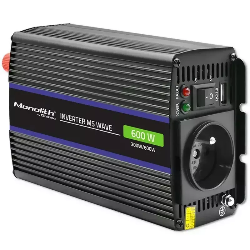 Convertidor de tensión QOLTEC Monolith 600 MS Wave 12V a 230V 600W, onda pura/sinusoidal o modificada según se indique
