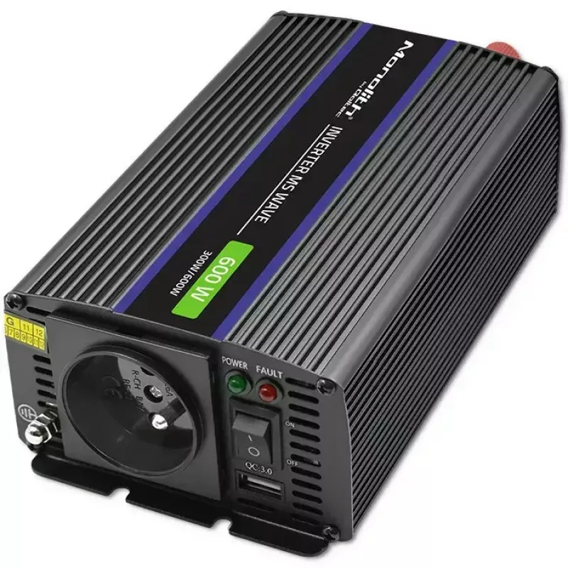 Convertidor de tensión QOLTEC Monolith 600 MS Wave 12V a 230V 600W, onda pura/sinusoidal o modificada según se indique