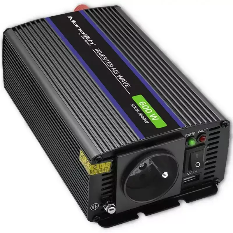Convertidor de tensión QOLTEC Monolith 600 MS Wave 12V a 230V 600W, onda pura/sinusoidal o modificada según se indique