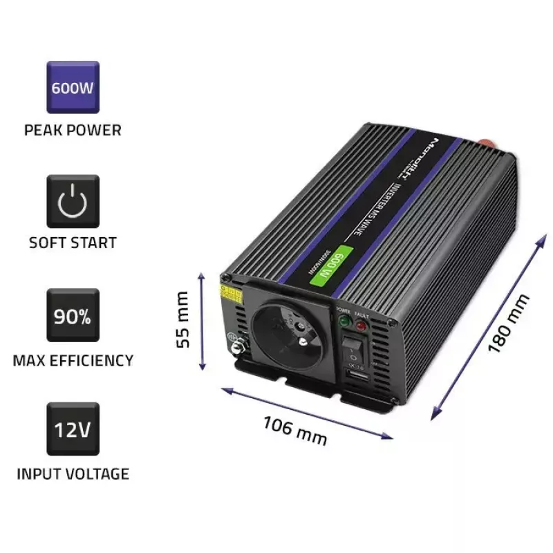 Convertidor de tensión QOLTEC Monolith 600 MS Wave 12V a 230V 600W, onda pura/sinusoidal o modificada según se indique