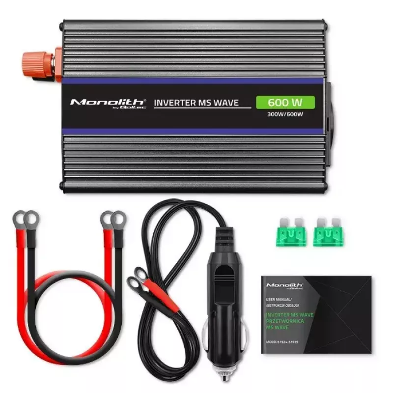 Convertidor de tensión QOLTEC Monolith 600 MS Wave 12V a 230V 600W, onda pura/sinusoidal o modificada según se indique