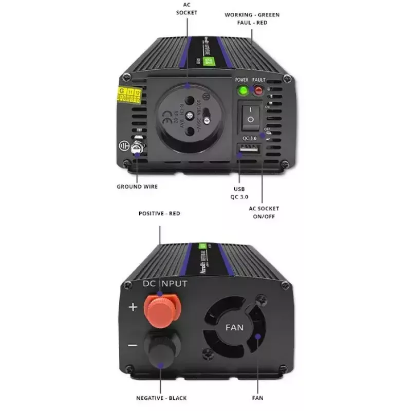 Convertidor de tensión QOLTEC Monolith 600 MS Wave 12V a 230V 600W, onda pura/sinusoidal o modificada según se indique