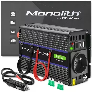 Convertidor de tensión QOLTEC Monolith 600 MS Wave 12V a 230V 600W, onda pura/sinusoidal o modificada según se indique