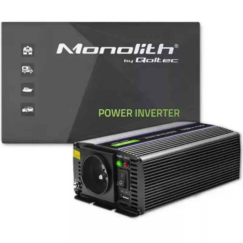 Inversor QOLTEC Monolith 600 W — 12 V a 230 V, USB PD 18 W, coche/interior, negro
