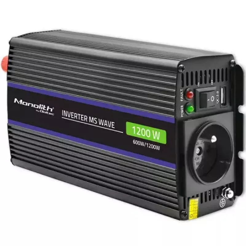 Inversor QOLTEC Monolith 600 W — 12 V a 230 V, USB PD 18 W, coche/interior, negro