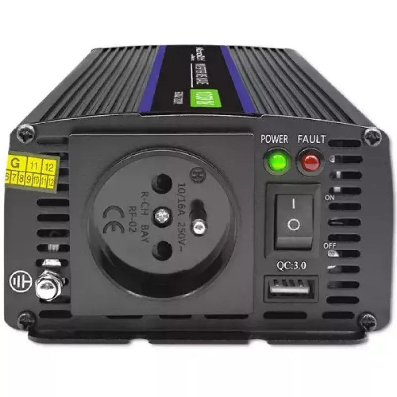Inversor QOLTEC Monolith 600 W — 12 V a 230 V, USB PD 18 W, coche/interior, negro