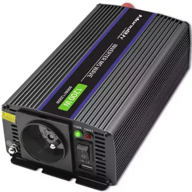 Inversor QOLTEC Monolith 600 W — 12 V a 230 V, USB PD 18 W, coche/interior, negro