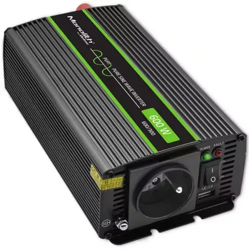 Inversor QOLTEC Monolith 600 W — 12 V a 230 V, USB PD 18 W, coche/interior, negro