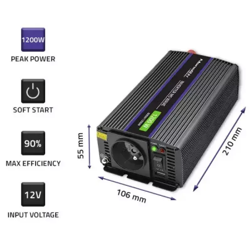 Inversor QOLTEC Monolith 600 W — 12 V a 230 V, USB PD 18 W, coche/interior, negro