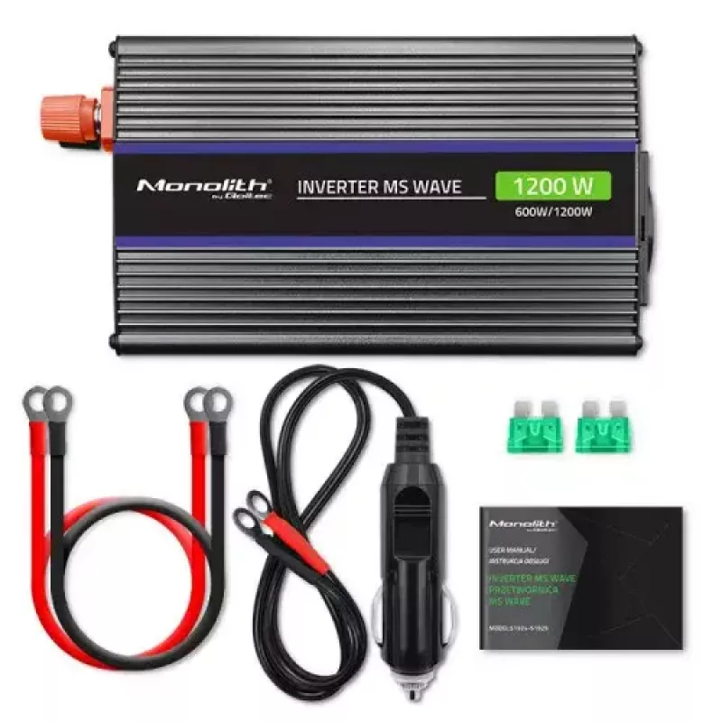 Inversor QOLTEC Monolith 600 W — 12 V a 230 V, USB PD 18 W, coche/interior, negro