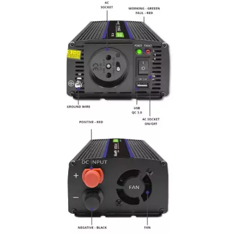Inversor QOLTEC Monolith 600 W — 12 V a 230 V, USB PD 18 W, coche/interior, negro