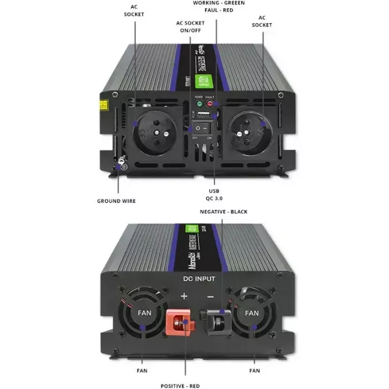 Convertidor de tensión QOLTEC Monolith 4000 MS Wave 12V a 230V 2000/4000W con USB