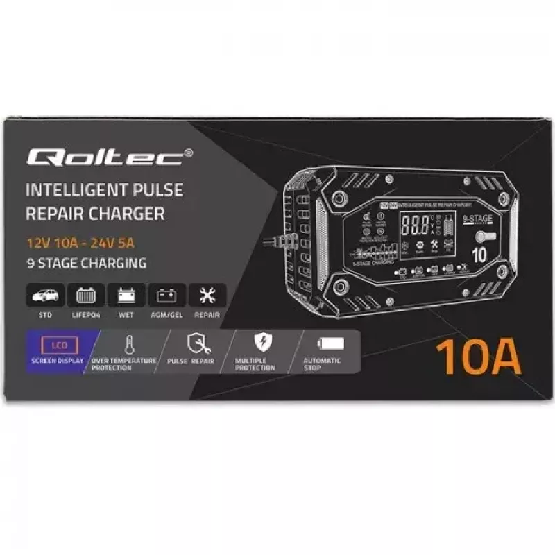 Cargador de batería de vehículo QOLTEC 52482 12/24 V 5/10 A con indicador LCD y conector Type-F