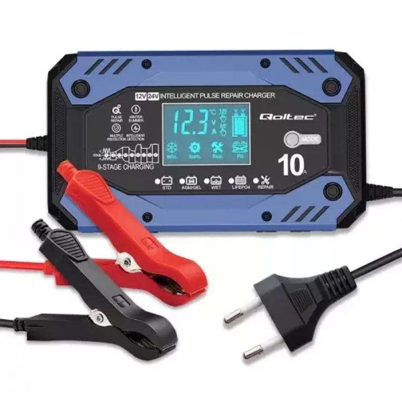 Cargador de batería de vehículo QOLTEC 52482 12/24 V 5/10 A con indicador LCD y conector Type-F