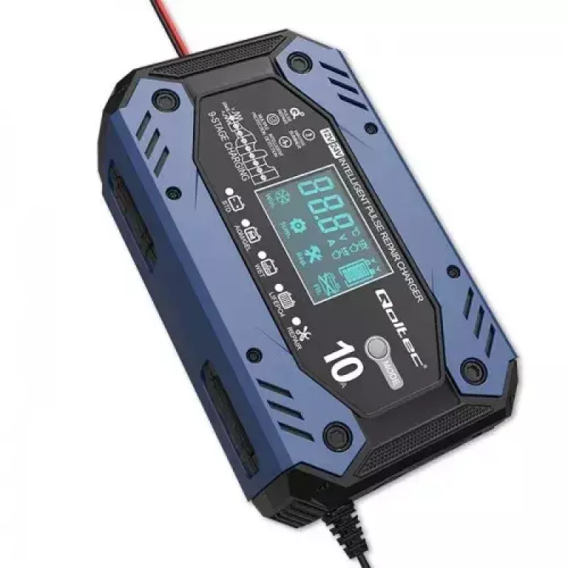 Cargador de batería de vehículo QOLTEC 52482 12/24 V 5/10 A con indicador LCD y conector Type-F