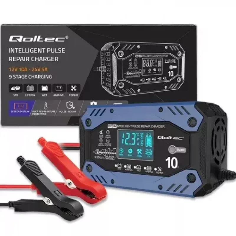 Cargador de batería de vehículo QOLTEC 52482 12/24 V 5/10 A con indicador LCD y conector Type-F