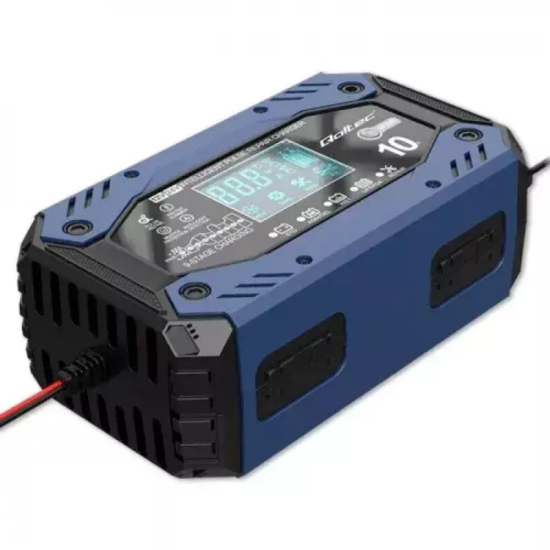 Cargador de batería de vehículo QOLTEC 52482 12/24 V 5/10 A con indicador LCD y conector Type-F