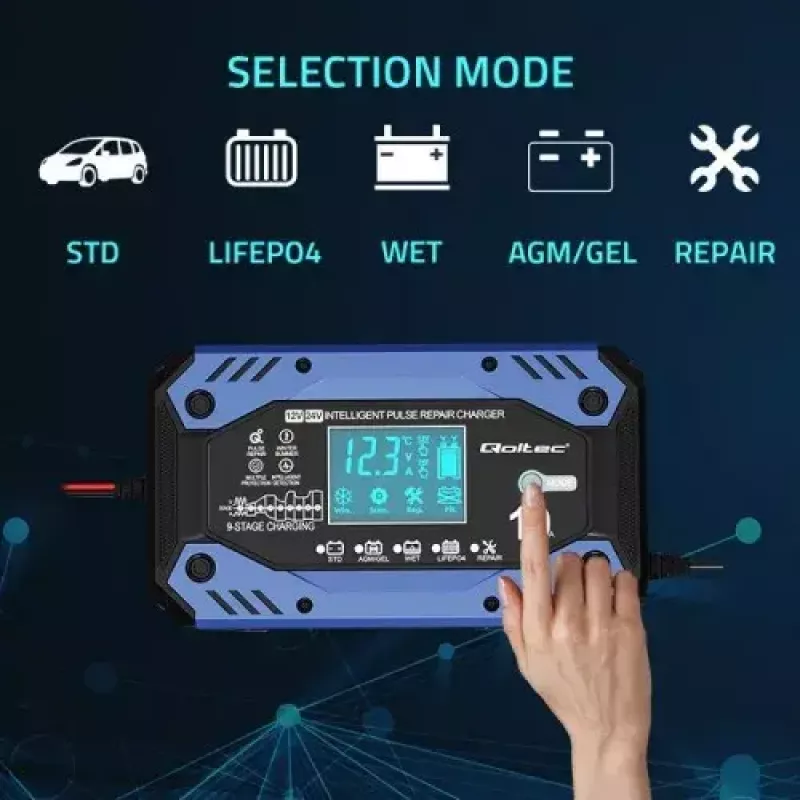 Cargador de batería de vehículo QOLTEC 52482 12/24 V 5/10 A con indicador LCD y conector Type-F