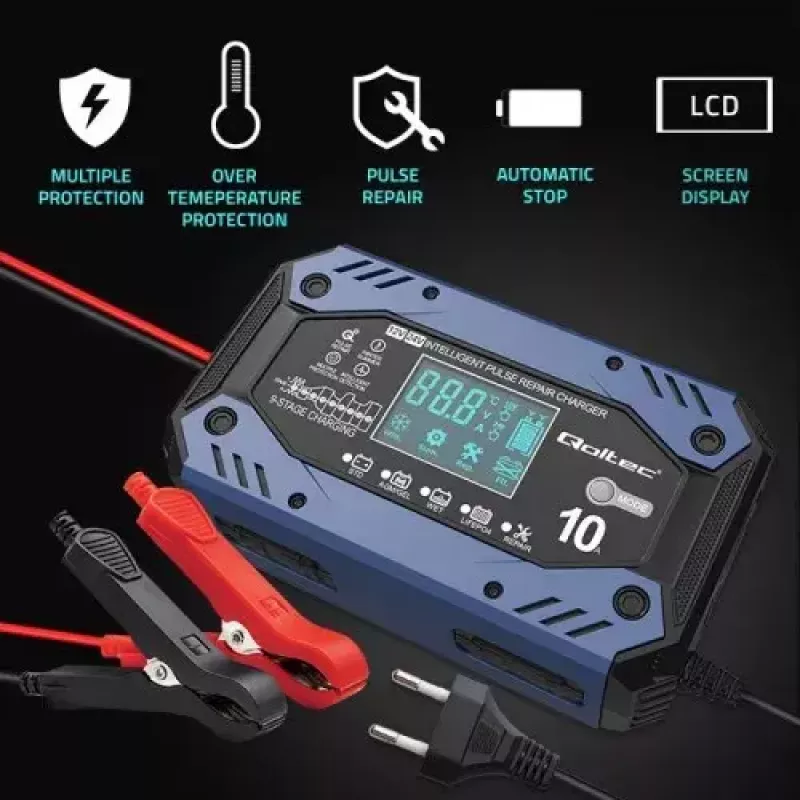 Cargador de batería de vehículo QOLTEC 52482 12/24 V 5/10 A con indicador LCD y conector Type-F