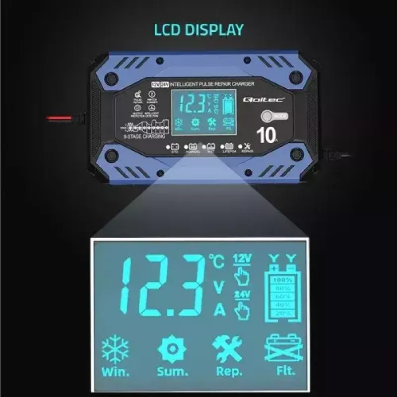 Cargador de batería de vehículo QOLTEC 52482 12/24 V 5/10 A con indicador LCD y conector Type-F
