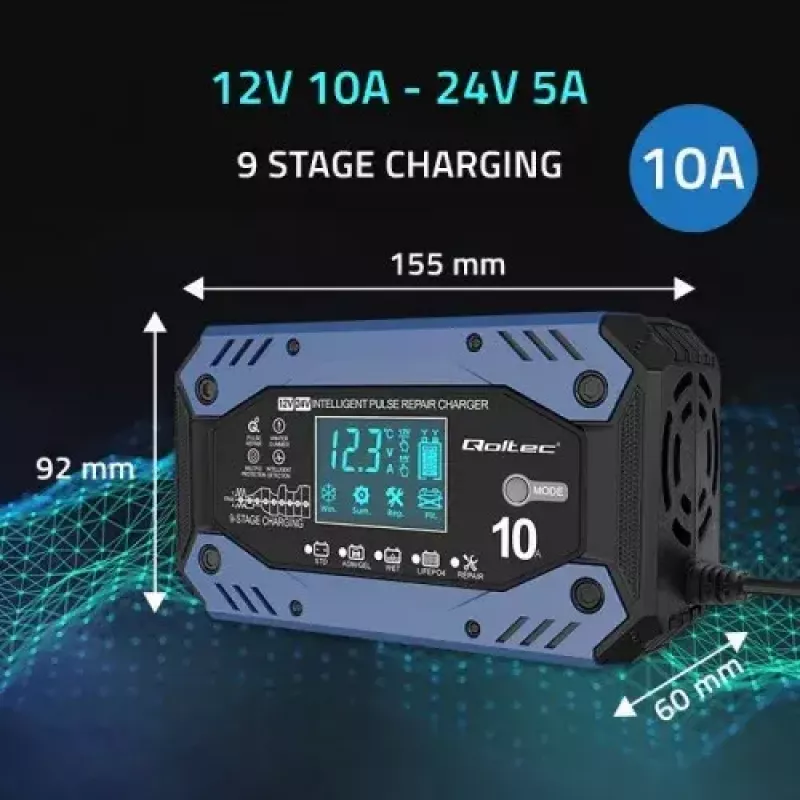 Cargador de batería de vehículo QOLTEC 52482 12/24 V 5/10 A con indicador LCD y conector Type-F