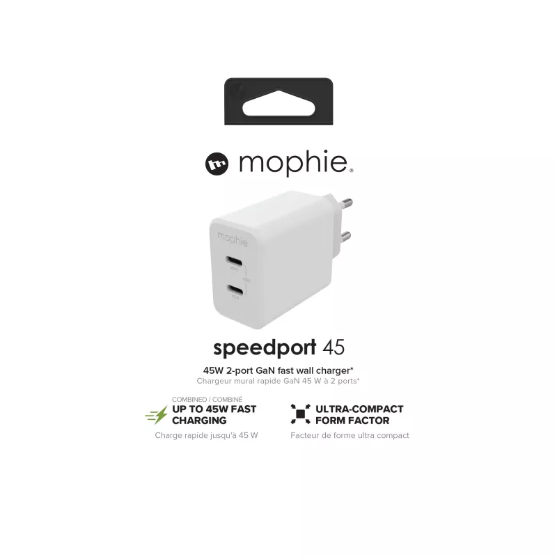 Accesorio mophie, adaptador de red – USB-C-PD-DUAL-45W-GAN – Blanco – EU (2x USB-C)