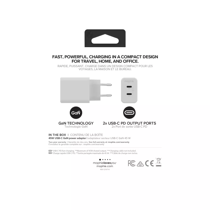 Accesorio mophie, adaptador de red – USB-C-PD-DUAL-45W-GAN – Blanco – EU (2x USB-C)