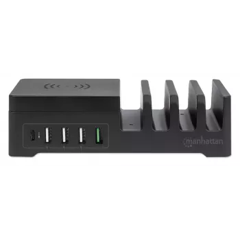 Estación de carga Manhattan con base de carga inalámbrica (extraíble), 1x inalámbrica, 1x USB-C y 4x USB-A, potencia de salida inalámbrica: 2 A, potencia de salida USB-C: 3 A, salidas USB-A: 1x 3 A y 3x máx. 2,4 A, cable 1 m, negro (cable de alimentación: conector macho europeo de 2 polos a conector hembra C7)