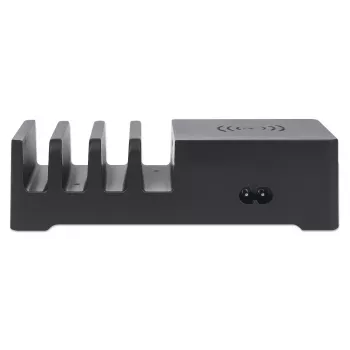 Estación de carga Manhattan con base de carga inalámbrica (extraíble), 1x inalámbrica, 1x USB-C y 4x USB-A, potencia de salida inalámbrica: 2 A, potencia de salida USB-C: 3 A, salidas USB-A: 1x 3 A y 3x máx. 2,4 A, cable 1 m, negro (cable de alimentación: conector macho europeo de 2 polos a conector hembra C7)