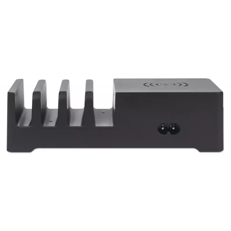 Estación de carga Manhattan con base de carga inalámbrica (extraíble), 1x inalámbrica, 1x USB-C y 4x USB-A, potencia de salida inalámbrica: 2 A, potencia de salida USB-C: 3 A, salidas USB-A: 1x 3 A y 3x máx. 2,4 A, cable 1 m, negro (cable de alimentación: conector macho europeo de 2 polos a conector hembra C7)