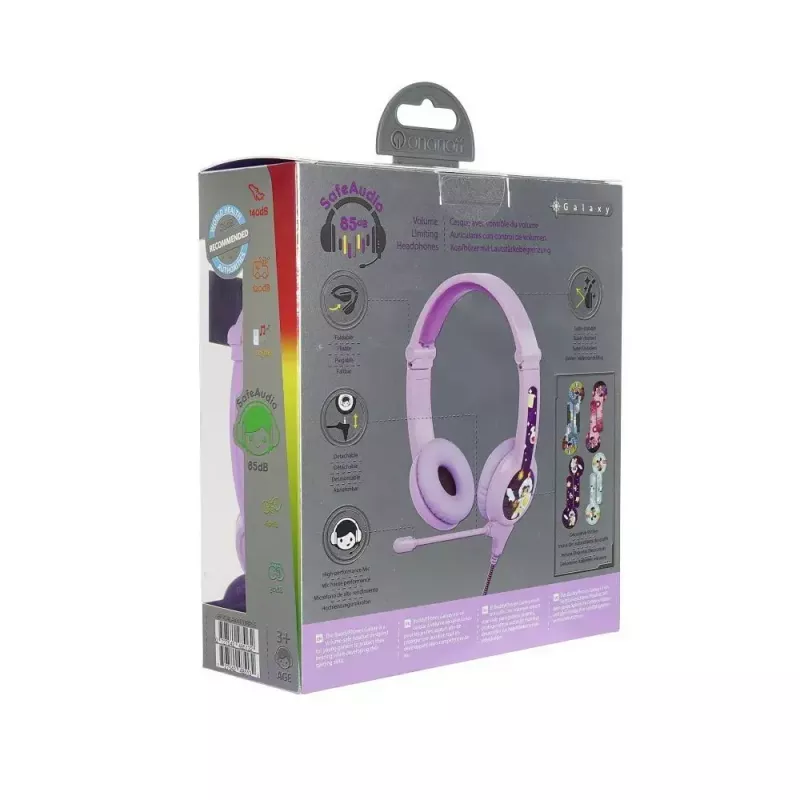 buddy phones Galaxy lila — auriculares over-ear para niños, diadema ajustable, volumen limitado
