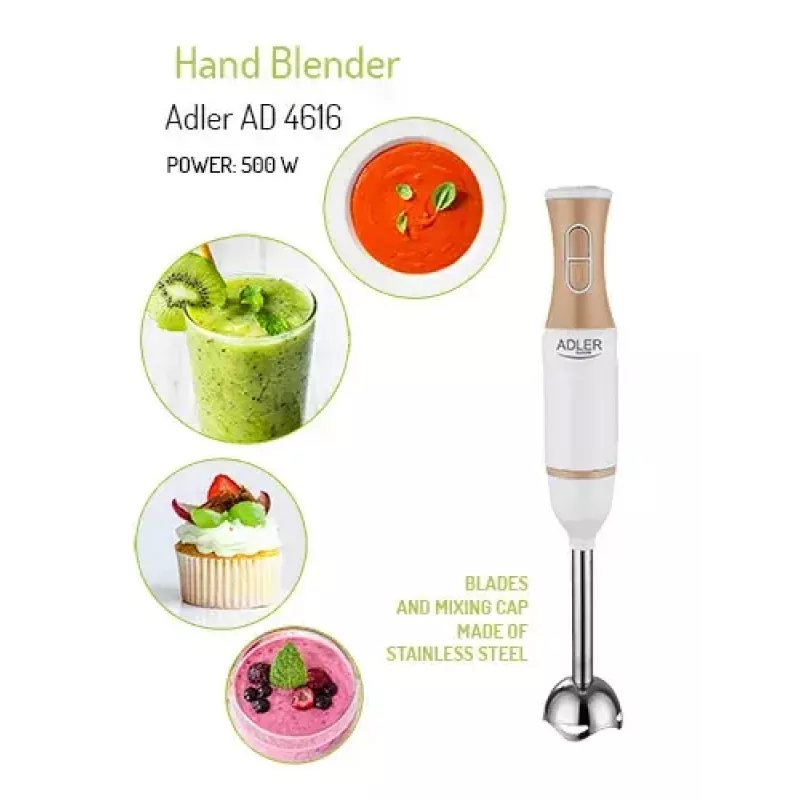 Batidora de mano Adler AD 4616 — batidora de mano, 500 W máx, 2 velocidades, cuchillas de acero inoxidable, blanca