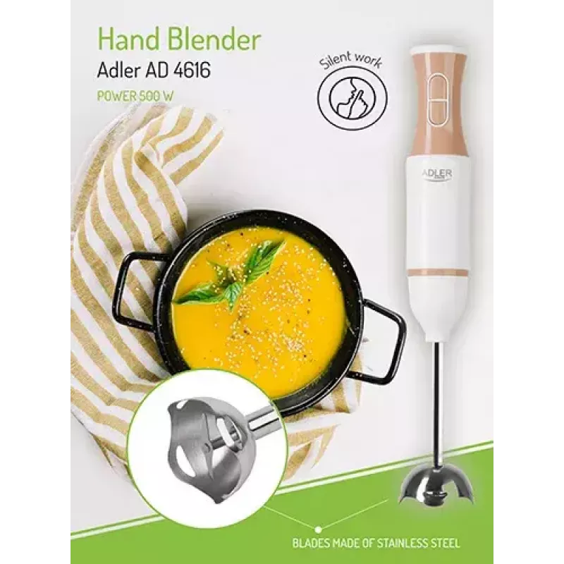 Batidora de mano Adler AD 4616 — batidora de mano, 500 W máx, 2 velocidades, cuchillas de acero inoxidable, blanca