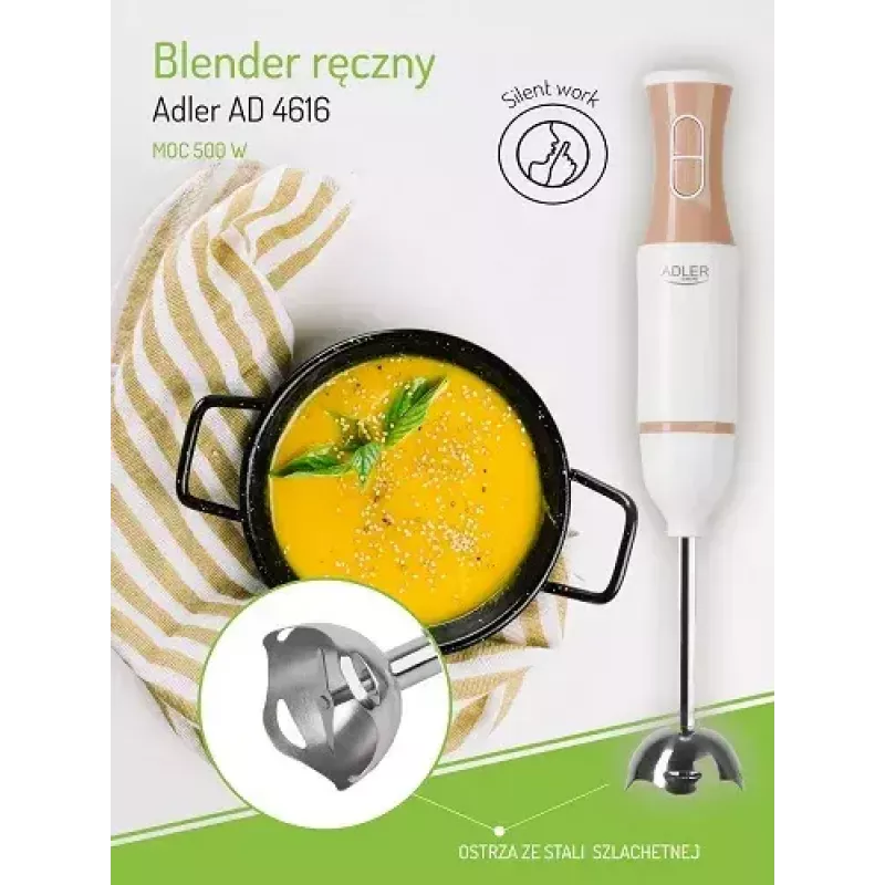 Batidora de mano Adler AD 4616 — batidora de mano, 500 W máx, 2 velocidades, cuchillas de acero inoxidable, blanca