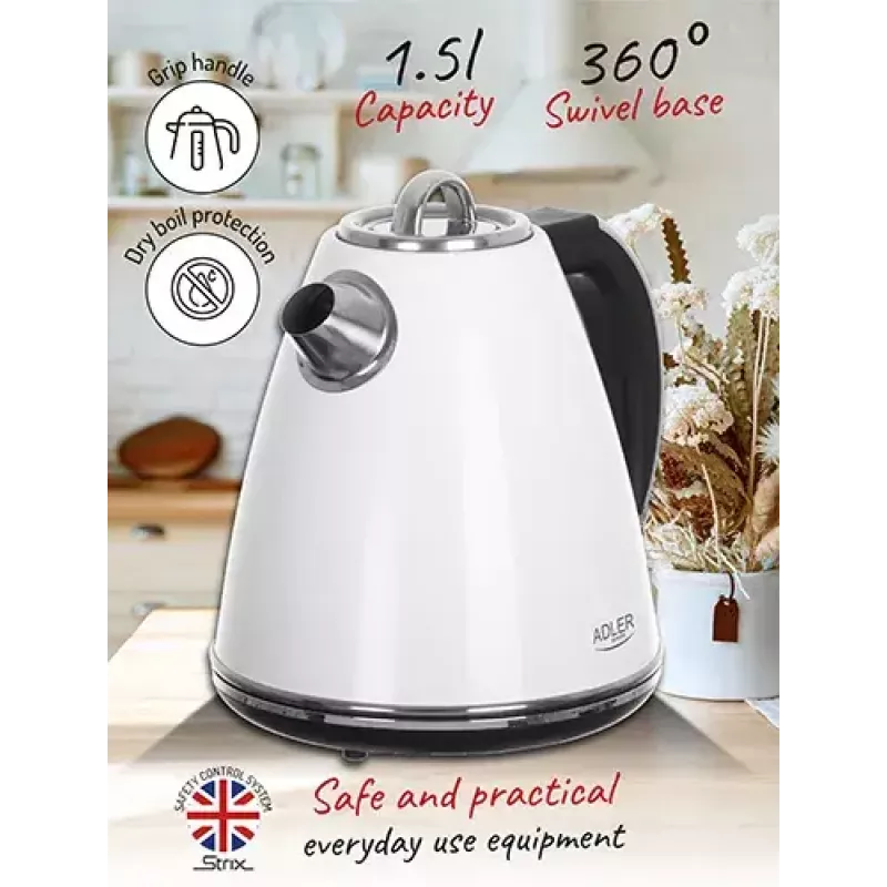 Adler AD 1343 hervidor eléctrico, 1,5 l, 1850 W, acero inoxidable, Strix, blanco