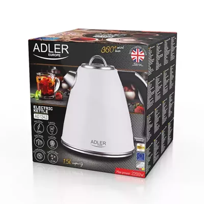Adler AD 1343 hervidor eléctrico, 1,5 l, 1850 W, acero inoxidable, Strix, blanco