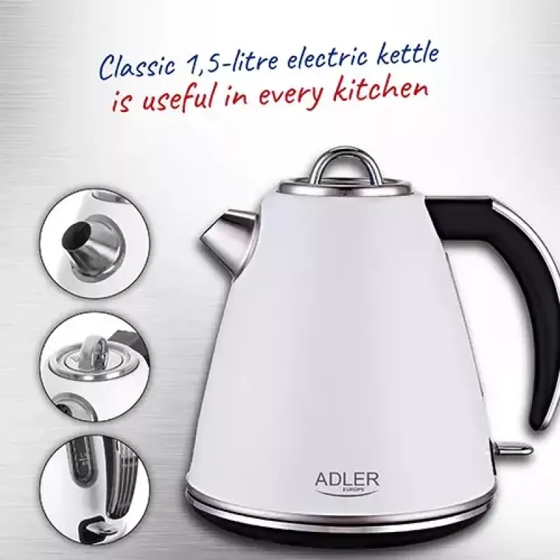 Adler AD 1343 hervidor eléctrico, 1,5 l, 1850 W, acero inoxidable, Strix, blanco